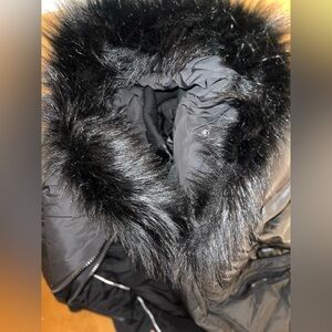 Noize Black Quilted Puffer Jacket.detachable fur hood. Faux leather accent.